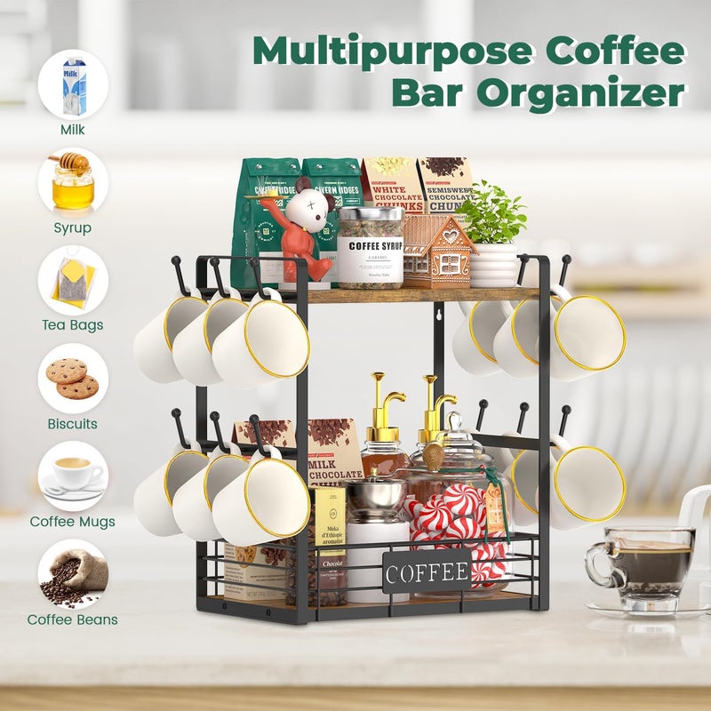 EsLuker.ly Coffee Mug Cup Holder Tree Bar Station Organizer, 2 Tier Mug Stand Rack for Countertop Kitchen, Storage Tower Display Shelf with 12 Hooks, Coffee Nook Enhancer, Vintage Brown Black - Image 4